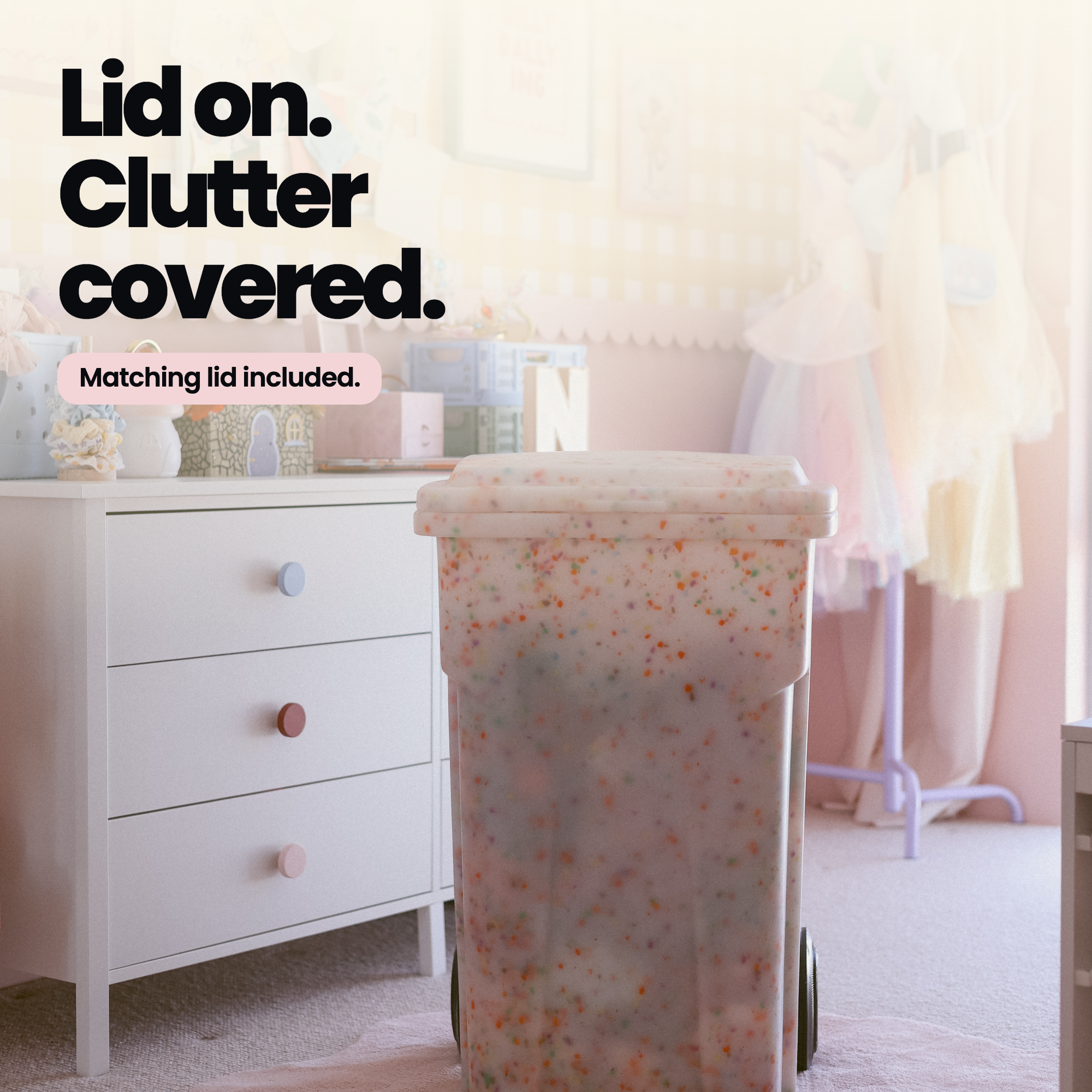 Closed Rollie Bin with its matching lid covering stored clutter