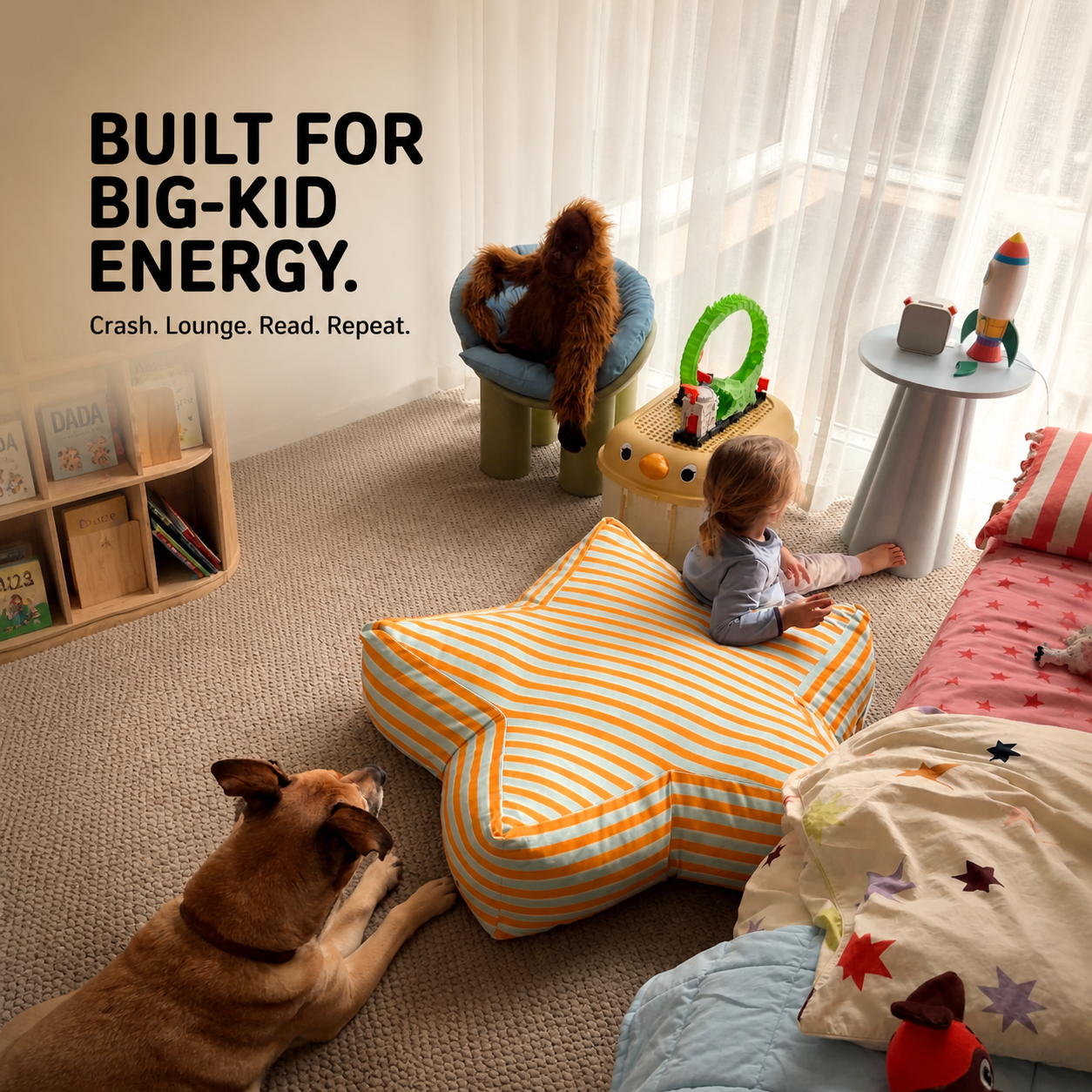 Child relaxing on a SuperStar Crash Pad in a bedroom