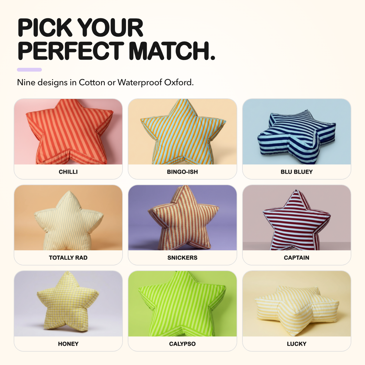All nine Medium SuperStar Crash Pad colours and designs