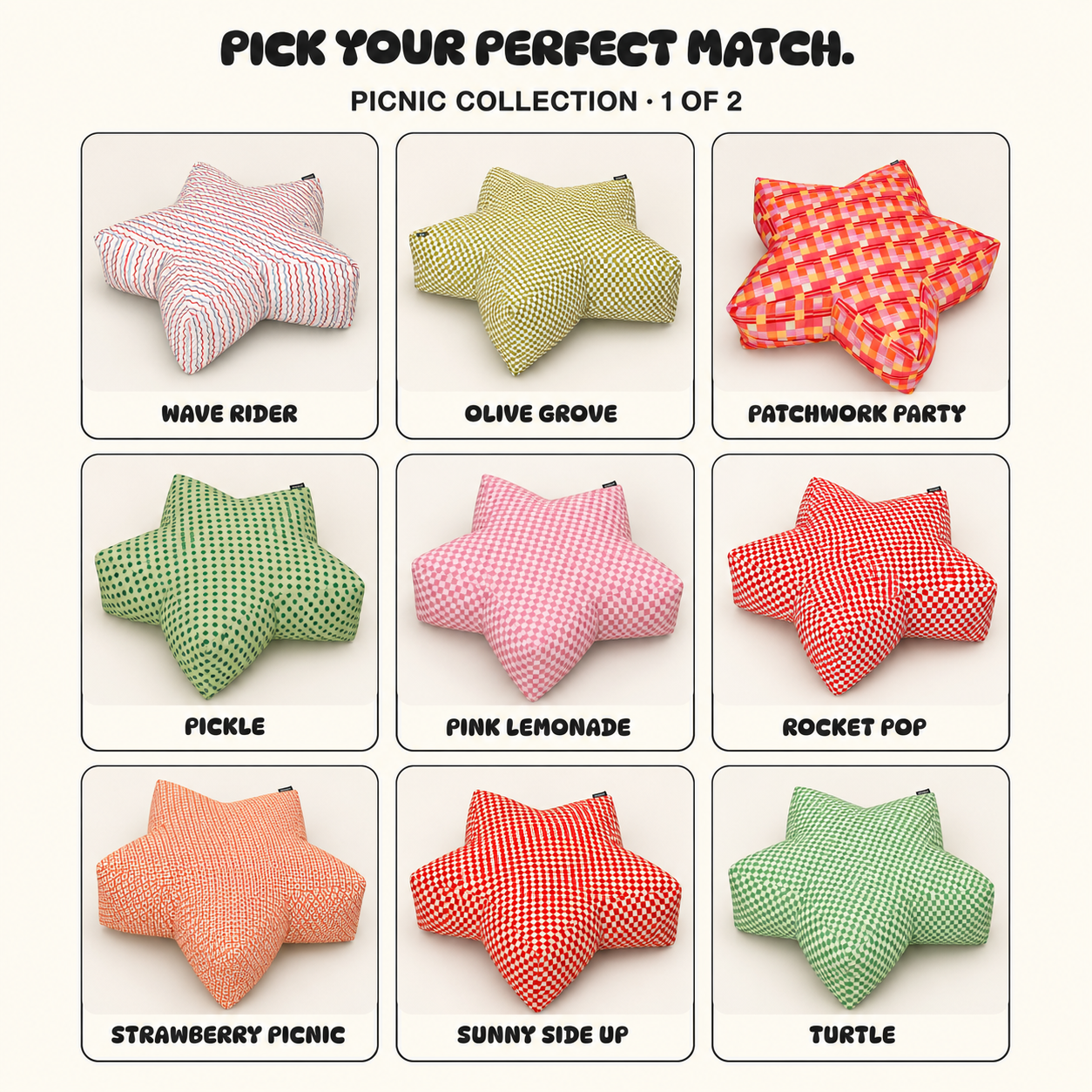 Picnic Collection SuperStar Crash Pad colours, page 1 of 2