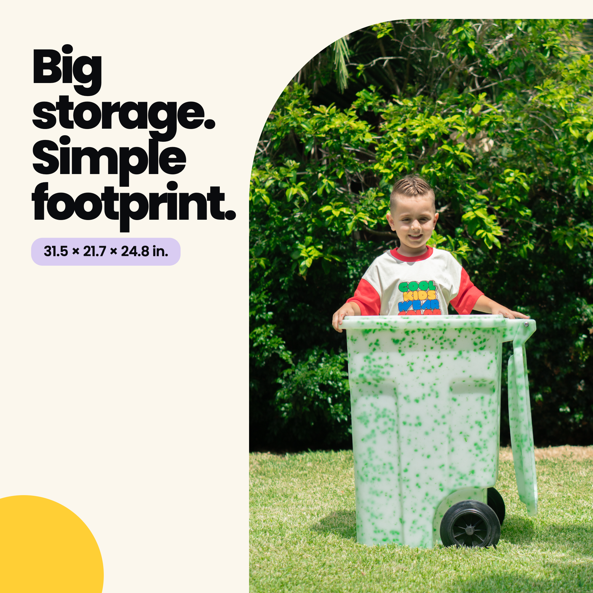 Rollie Bin dimensions and storage footprint shown in inches for the USA