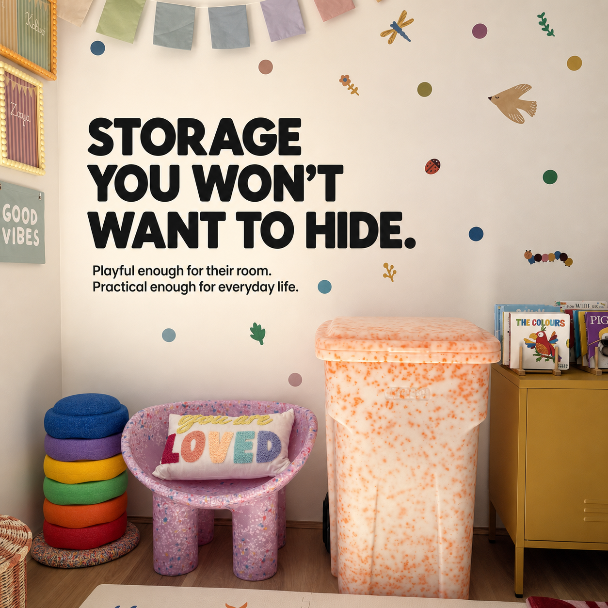 Speckled Rollie Bin styled in a colourful children's room